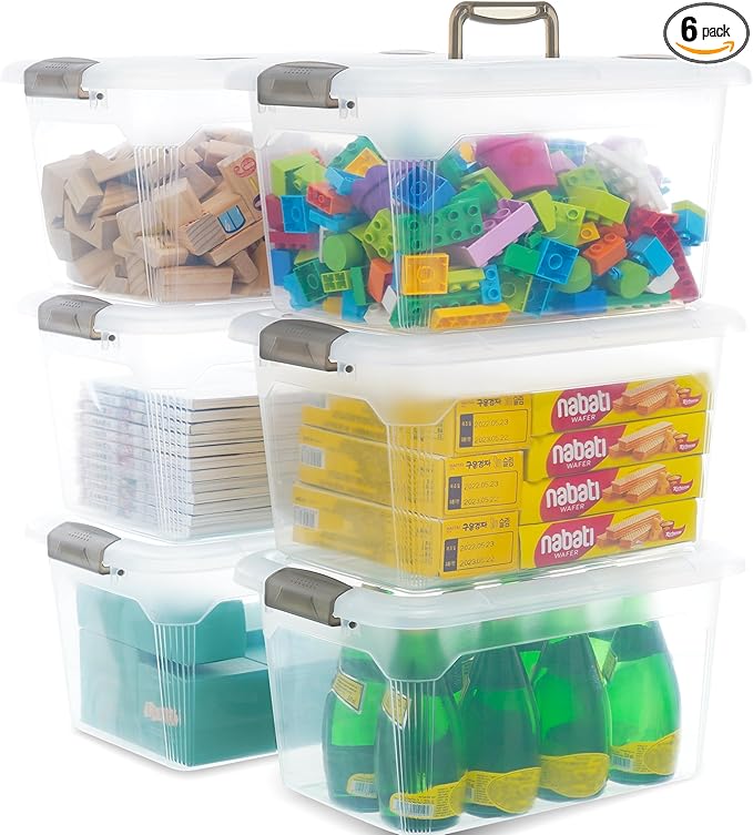 Citylife 6 Packs 13.7 QT Storage Bins with Lids Clear Plastic Bins with Grey Handle Stackable Storage Containers for Organizing