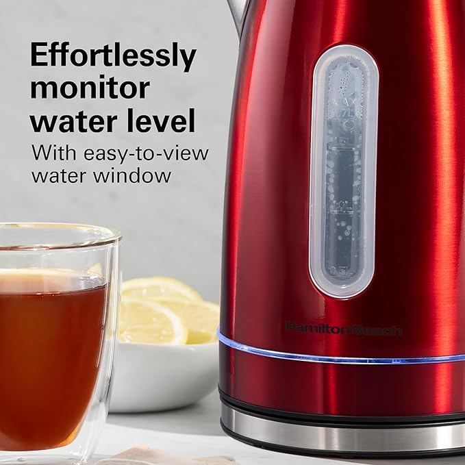 Hamilton Beach Electric Tea Kettle, Water Boiler & Heater, 1.7 Liter, Cordless Serving, 1500 Watts for Fast Boiling, Auto-Shutoff and Boil-Dry Protection, Red with LED Light Ring (41060)