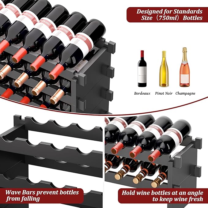 VASMIA Bamboo Stackable Wine Rack,72 Bottles Wine Rack Freestanding Floor,No Tools Assembly,8-Tier Display Wine Storage Shelf for Kitchen, Bar, Dining Room,Cellar,Black