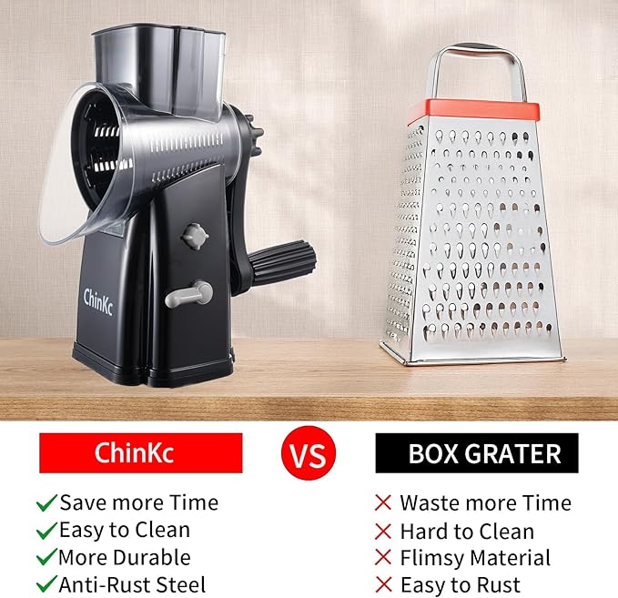 Rotary Cheese Grater Shredder - Upgraded 5 in 1 Cheese Grater with Handle and Strong Suction Base, Multi-purpose Julienne Slicer Ice Shaver Nuts Grinder for Ice, Vegetables, Fruit, Nuts
