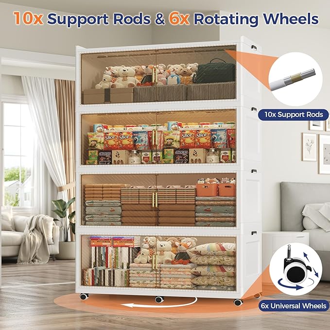 320 Gallon Extra Large Collapsible Storage Bin with Lid, 1280QT Stackable Plastic Organizer with 6x Wheels, Foldable Drawer Cabinet for Closet, Living Room Office Dorm 4Pack, White