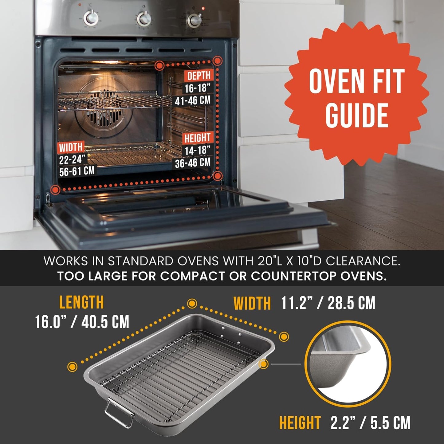 Chef Pomodoro Nonstick Carbon Steel Large Roasting Pan with Rack, Turkey Roasting Pans for Oven, Roaster Pan with Flat Rack, Turkey Pan for Oven, Bakeware Grey