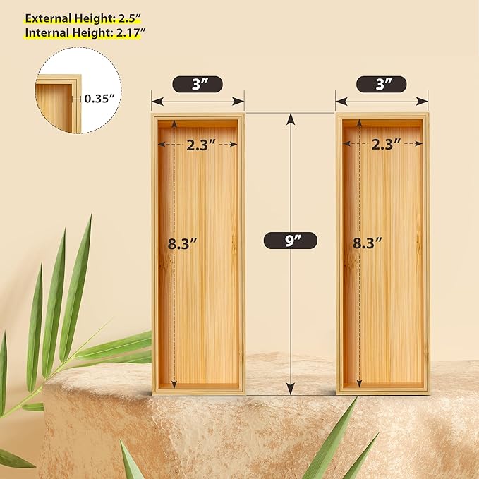 Kitchen Drawer Organizer Bins, Stackable Bamboo Deep Drawer Organizer for Silverware, Utensils, Cutlery, Flatware, Junk Drawer, Dresser, Bathroom, 9" x 3" x 2.5" (Set of 2)