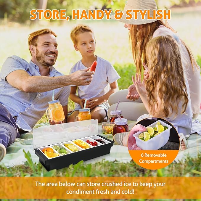 WICHEMI Fruit, Veggie & Condiment Caddy with Lid Dispenser Tray Plastic Garnish Station for Bartending & Serving Taco, Ice Cream, Salad Bar - Topping Organizer for Restaurant Supplies (6 Compartment)