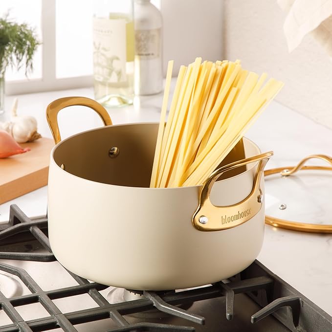 bloomhouse - Oprah's Favorite Things - 6 Quart Heavy Duty Aluminum Premium PFA Free Ceramic Nonstick Dutch Oven Pot with Lid - Almond Cream w/Gold Handle