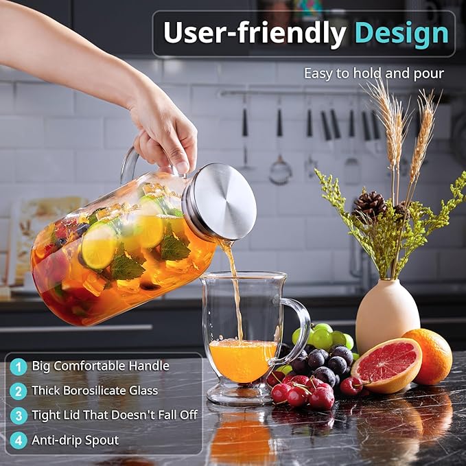 3 Liter 101 oz Glass Pitcher with Lid and Spout, Bivvclaz Glass Water Pitcher for Fridge, Glass Carafe for Hot/Cold Water, Iced Tea Pitcher, Large Jug for Coffee, Juice and Homemade Beverage