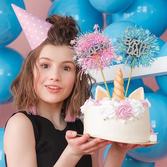 LOLStar 12 Pcs Happy Birthday Cake Toppers, Foil Firework Cupcake Toppers Blue Pink Sparkle Tinsel Drink Stirrers Cake Party Decoration, Cocktail Food Fruit Toothpick for Holiday Photo Booth Props