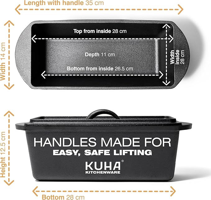 KUHA Cast Iron Bread Loaf Pan with Lid + Heat Resistant Gloves - Pre-Seasoned Cast Iron Bread Pan with Handles - Oven-safe bread pans for homemade bread - Ideal Loaf Pans for Campfire or Home Kitchen