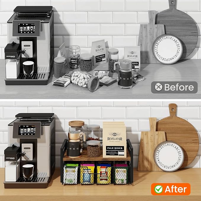 Homode Tea Bag Organizer, Wood Tea Organizers and Storage Chest, Teabag Holder with Storage Drawer,Tea Station Chest Display Container Box for Countertop Kitchen, Rustic Brown