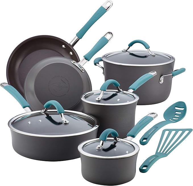 Rachael Ray Cucina Hard Anodized Nonstick Cookware Pots and Pans Set, 12 Piece, Gray with Blue Handles & Cucina Hard Anodized Nonstick Sauce Pan/Saucepan with Lid, 3 Quart, Blue