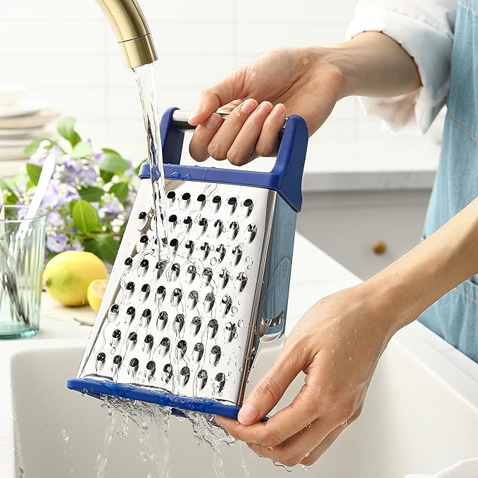 Spring Chef Stainless Steel XL Parmesan Cheese Grater with Handle - 4 Sided Metal Box Grater for Kitchen - Dishwasher Safe Potato Shredder for Hash Browns, Potato, Carrot, Vegetables - Sapphire