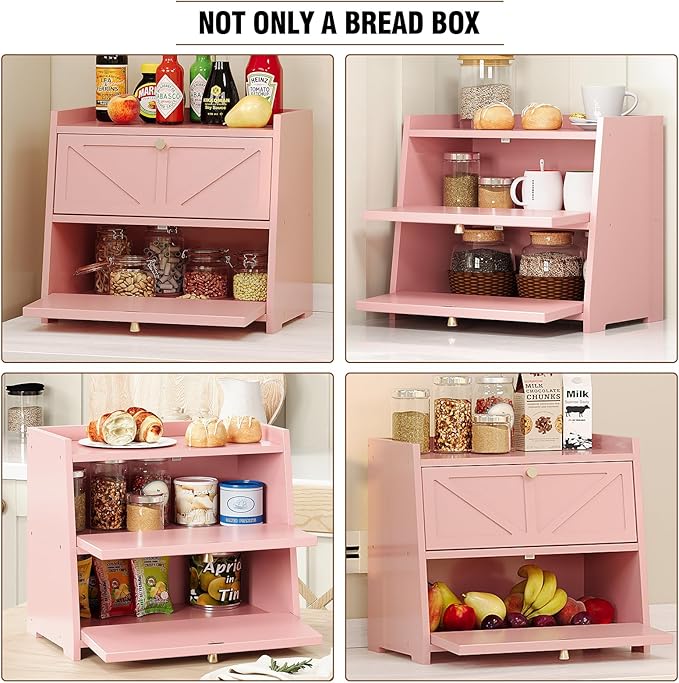 Vintage Double Layer Bread Box for Kitchen Counter Bamboo Bread Storage Container Large Capacity Bread Storage Bin (Pink)