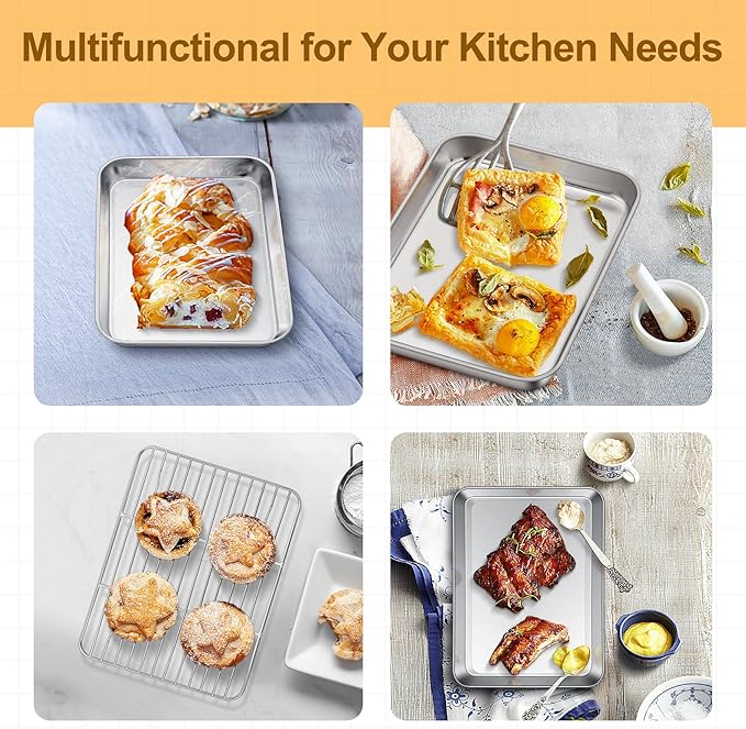 TeamFar Toaster Oven Tray and Rack Set, 9.3’’ x 7’’ x 1’’, Stainless Steel Toaster Oven Pan Broiler Pan, Non Toxic & Healthy, Easy Clean & Dishwasher Safe