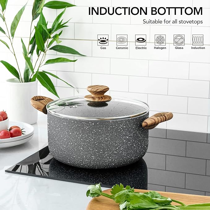 MICHELANGELO 5 Quart Stock Pot with Lid, Nonstick Soup Pot for Cooking, Non Stick Stockpot with Ergonomic Handle, Induction Compatible, Grey Granite