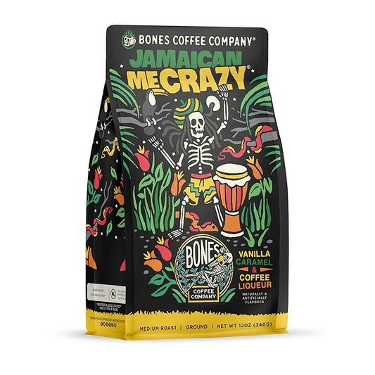 Bones Coffee Company Jamaican Me Crazy, Vanilla Caramel Flavored Coffee, Medium Roast Low Acid Arabica Beans Compatible with Auto drip and French Press Coffee Maker, 12 Oz Ground