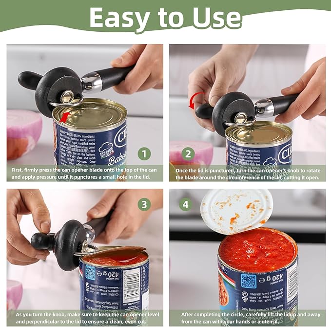 Can Opener Manual Tin Opener Stainless Steel Heavy Duty, Oversized Hand-held Easy Rotary Knob, Safe Cut Manual Can Opener with Non-Slip Handle, Smoother Cut Sharp Blade for Seniors Kitchen Tool, Black