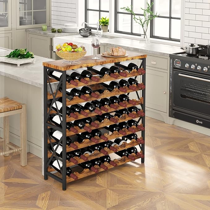 Homeiju 56-Bottle Wine Rack Freestanding Floor, Wooden Wine Storage Shelf, Stackable Wine Rack with Tabletop for Living Room,Kitchen or Wine Cellar