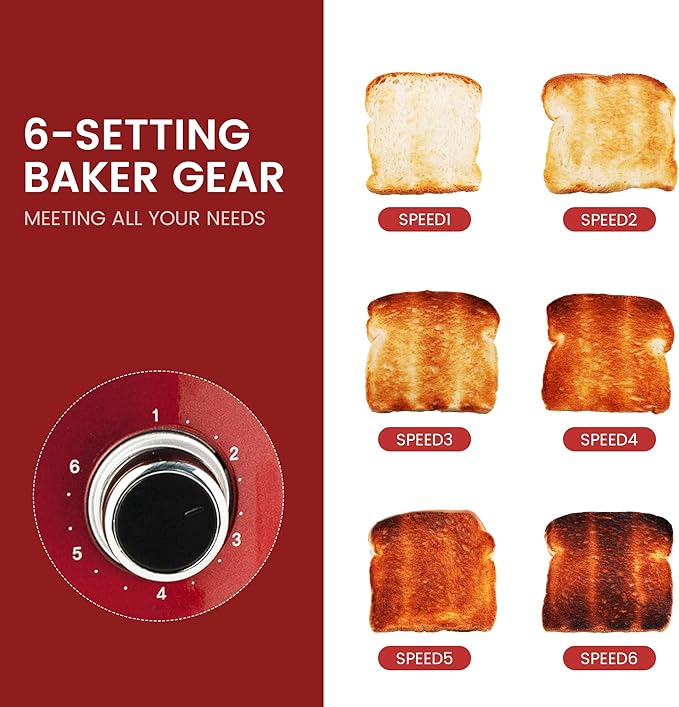 2 Slice Toaster Retro Stainless Steel with Bagel, Cancel, and Defrost Functions, 6 Bread Shade Settings, Extra Wide Slots and Removable Crumb Tray, Red