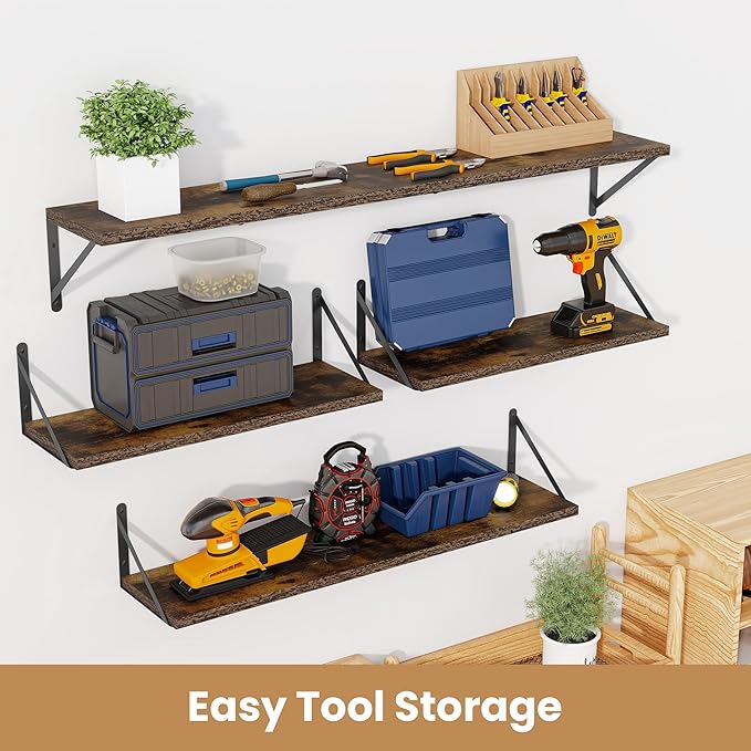 Heimlove 48 Inch Large Floating Bookshelves Set of 3,Rustic Brown Wood Wall Mounted Bookshelves,Heavy Duty Shelves for Living Room,Bedroom,Kitchen,Laundry Room Storage & Decor