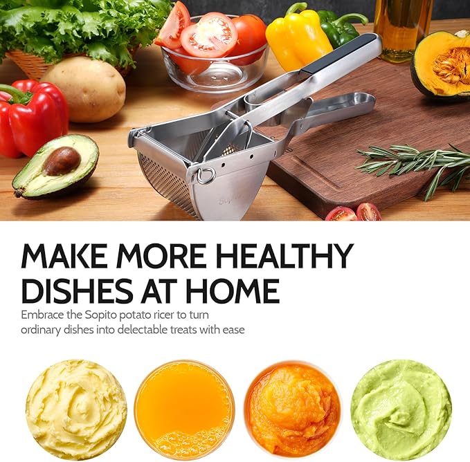 Potato Ricer, Sopito Stainless Steel Potato Masher for Commercial and Home Use, Orange