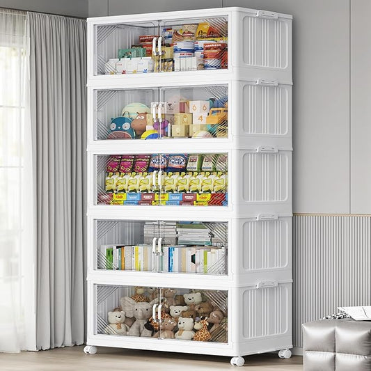 175Gal Plastic Stackable Storage Bins with Lid, 700QT Extra Large Closet Organizers Collapsible Cabinets Boxes With Drawers, Foldable Containers with 4x Wheels for Home Kitchen, V60 5Pack White