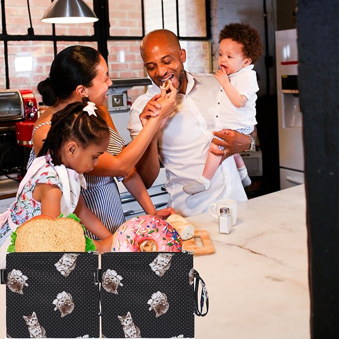 Reusable Sandwich Bag/Snack Bag for Kids & Adults, Dual Layer Lunch Bag with Handle, Washable, Food Safe, BPA Free (2-Pack, Dot&Cat)