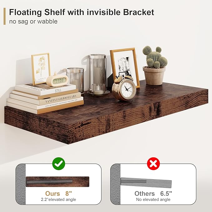 Heimlove Bathroom 12'' Deep Floating Shelves for Wall - Shelf Over Toilet Wall Mounted Farmhouse 24 inches,Wood Floating Shelves Decor & Storage Set of 1,Rustic Brown