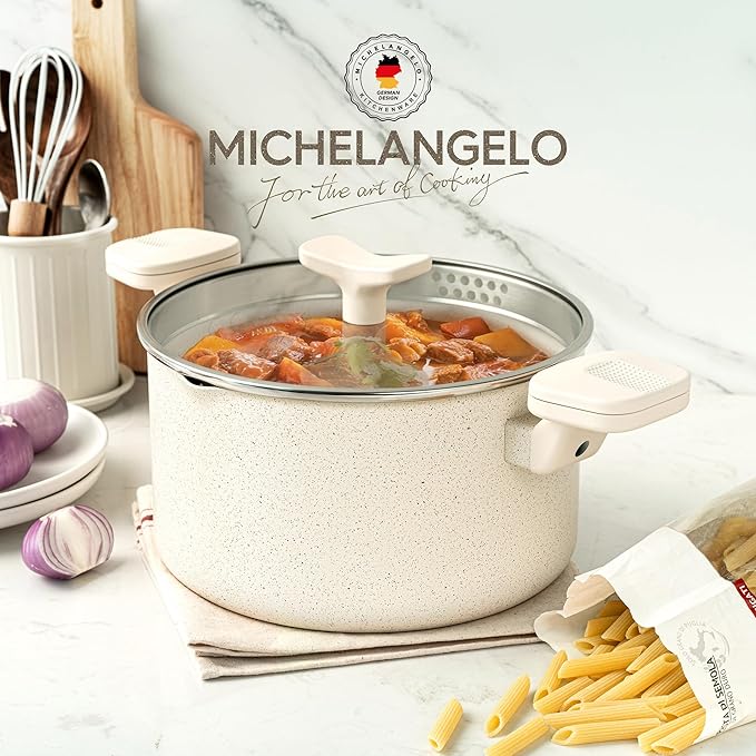 MICHELANGELO Pasta Pot with Strainer Lid - 6 Quart Multipurpose Pot with Twist and Lock Handles, Nonstick Soup Pot with Granite Coating, Induction Compatible, White