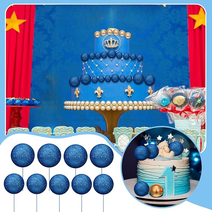 108 Pcs Balls Cake Topper DIY Cupcake Insert Foam Balloons for Cake Baking Wedding Anniversary Birthday Decoration(Bright Blue, Gold,Multi Sizes)