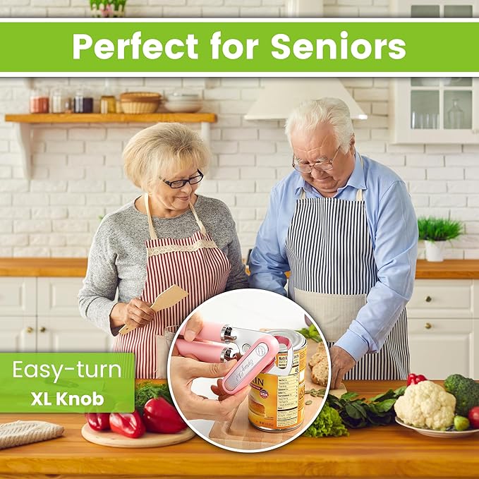 Spring Chef Stainless Steel Can Opener - Manual with Soft Grip Handles, Easy Turn, Heavy Duty Hand Can Openers for Seniors with Smooth Edge - Magnetic Lid Remover - Pink Lemonade