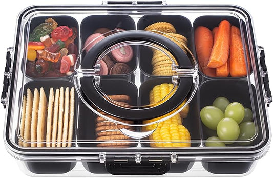 Divided Serving Tray with Lid and Handle - Snackle Box Charcuterie Container for Portable Snack Platters Organizer for Candy, Fruits, Nuts, Snacks - Perfect for Party, Entertaining, Black