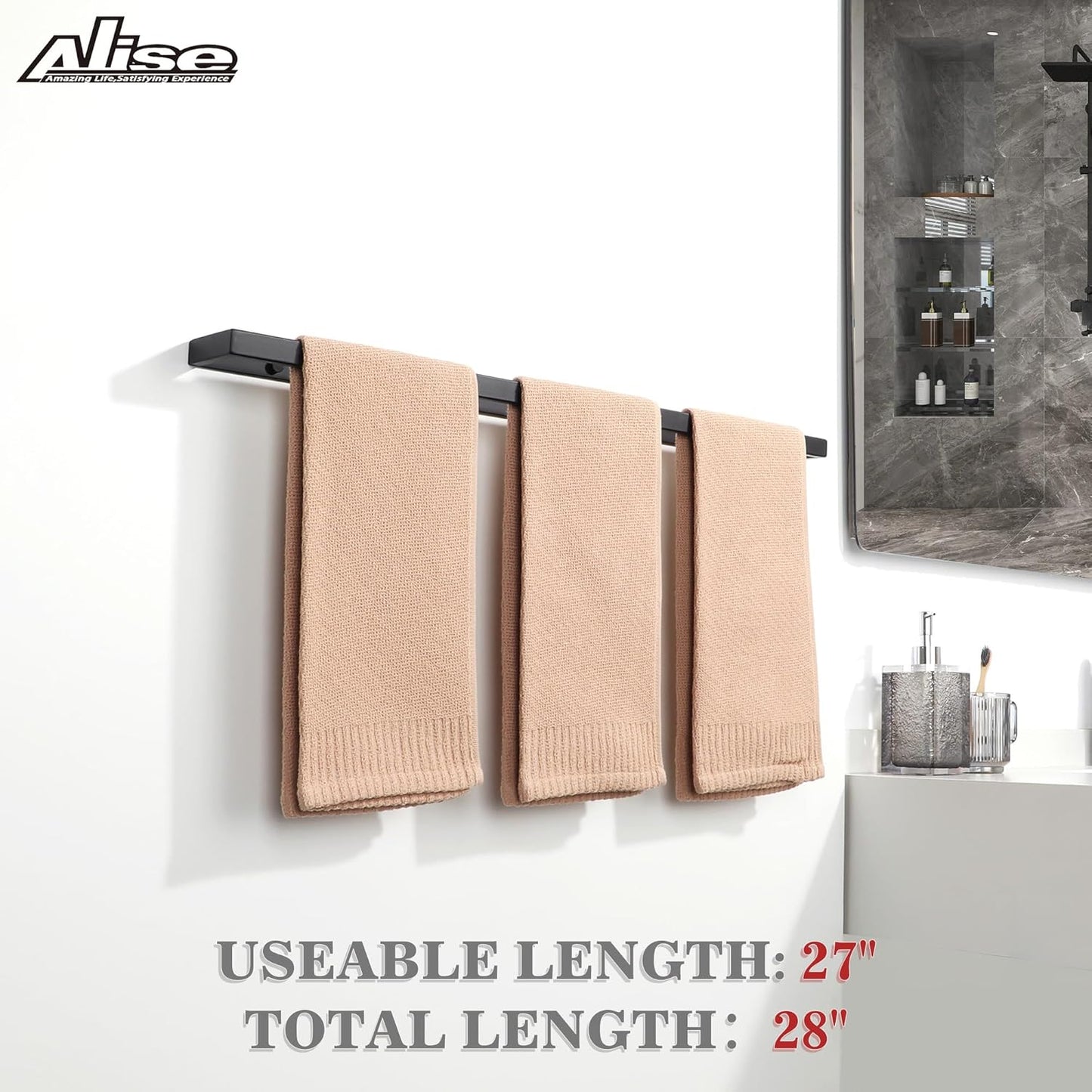 Alise Bath Towel Bars,28 Inch Towel Holder Towel Racks for Bathroom and Lavatory,SUS304 Stainless Steel Hand Towel Hanger Rail Wall Mount,Matte Black GJF070-B