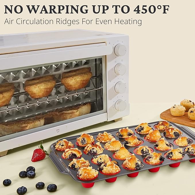 BRONYPRO Silicone Mini Muffin Pan with Metal Frame, Egg Bite Molds for Baking for Baking, Cupcake Pans 24 Regular Size, Muffin Tins Easy to Pop Nonstick Non Toxic Bakeware for Oven,Red