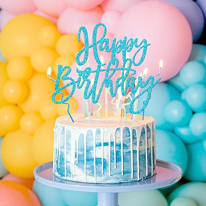 ZHUOWEISM 1 PCS Happy Birthday Cake Topper Glitter Happy Birthday Cake Pick for Celebrating Happy Birthday Anniversary Theme Party Cake Decorations Supplies Light Blue