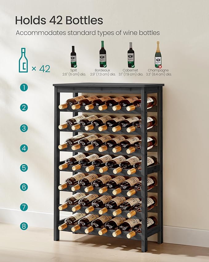 SONGMICS 42-Bottle Wine Rack Free Standing Floor, 7-Tier Display Wine Storage Shelves with Table Top, Bamboo Wobble-Free Bottle Holder for Kitchen Bar Dining Room Living Room, Ink Black UKWR027B16