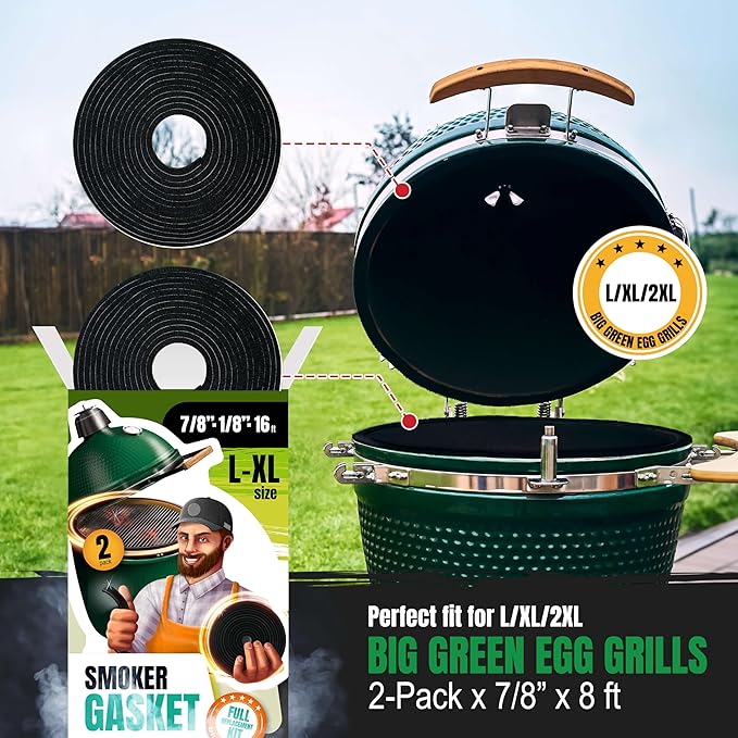 Gasket for Big Green Egg Large/XL/XXL - 2-Pack x 8 FT Smoker Gasket Seal - BGE Gasket 7/8" x 1/8" Felt - Compatible with Big Green Egg - Accessories & Parts for Grill by Smoker Chef