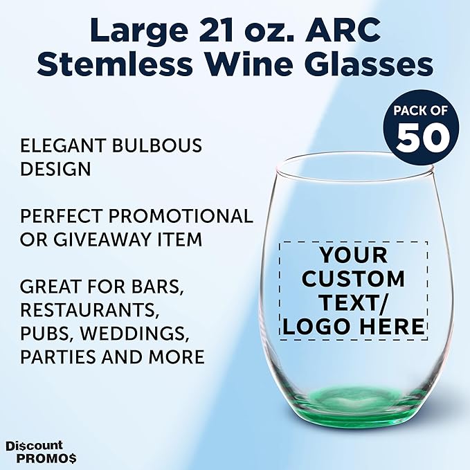 DISCOUNT PROMOS 50 ARC Stemless Wine Glasses Set, 21 oz. - Customizable Text, Logo - Chardonnay, Cabernet, Merlot, Sauvignon - Green