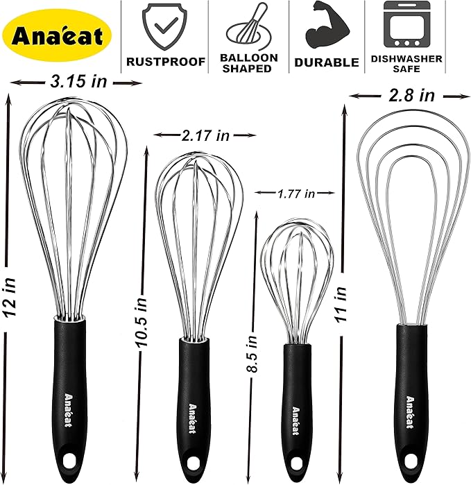 Anaeat Stainless Steel Kitchen Whisk Set of 4, Milk and Egg Beater Blender with Thick Wire for Whisking, Cooking, Baking, Beating and Stirring - 11'' Flat Whisk and 8.5''+10.5''+12'' Balloon Whisks