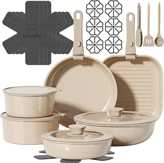 26 Pcs Pots and Pans Set Non Stick, Ceramic Cookware Set Non Toxic with Detachable Handles, Healthy Induction Cookware Dishwasher Oven Safe RV Kitchen Set, PFAS PFOA & PTFE Free, Taupe