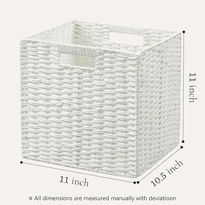 UBBCARE 3 Pack Wicker Basket, 11L×11H×10.5W inch Woven Paper Rope Storage Baskets for shelves, Foldable Cube Storage bin with Handle, Storage Basket for Organizing & Decor, White