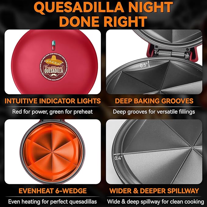 Baker's Friend Electric Quesadilla Maker with Extra Stuffing Design, 9.5 Inch with Easy Slice 6 Wedge, Non Stick Surface, Non-Slip Feet, Grilled Cheese Maker Machine, Red