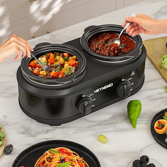 Double Slow Cooker, 2 X 1.25QT Slow Cooker with 3 Cooking Settings, Buffet Servers and Warmers with Dishwasher-Safe Ceramic Pot, Glass Lid, Black