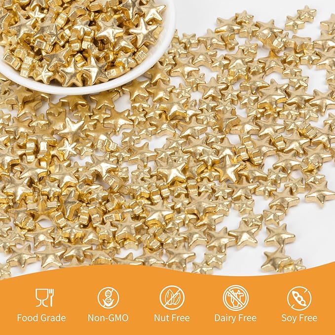Edible Gold Star Sugar Sprinkles, Mix Size, Candy Star Sprinkle for Cake Decorations and Cupcake Toppers, Ice Cream, Wedding Party Valentines Christmas Supplies 130g/4.58ounce