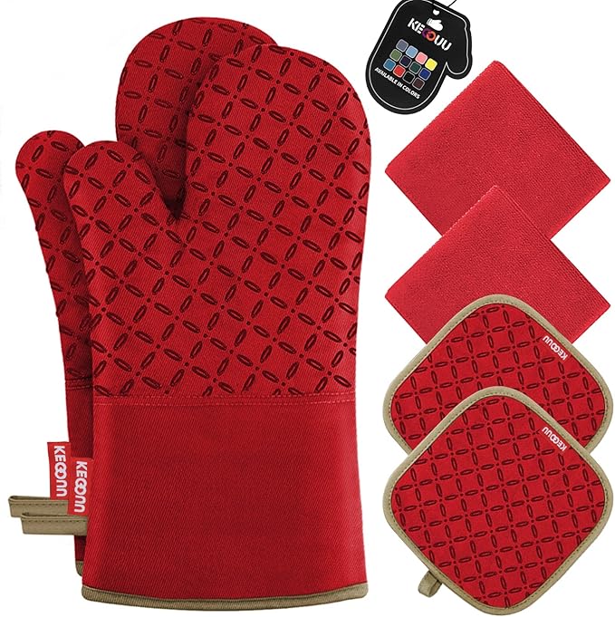 KEGOUU Oven Mitts and Pot Holders 6pcs Set, Kitchen Oven Glove High Heat Resistant 500 Degree Extra Long Oven Mitts and Potholder with Non-Slip Silicone Surface for Cooking (Red)