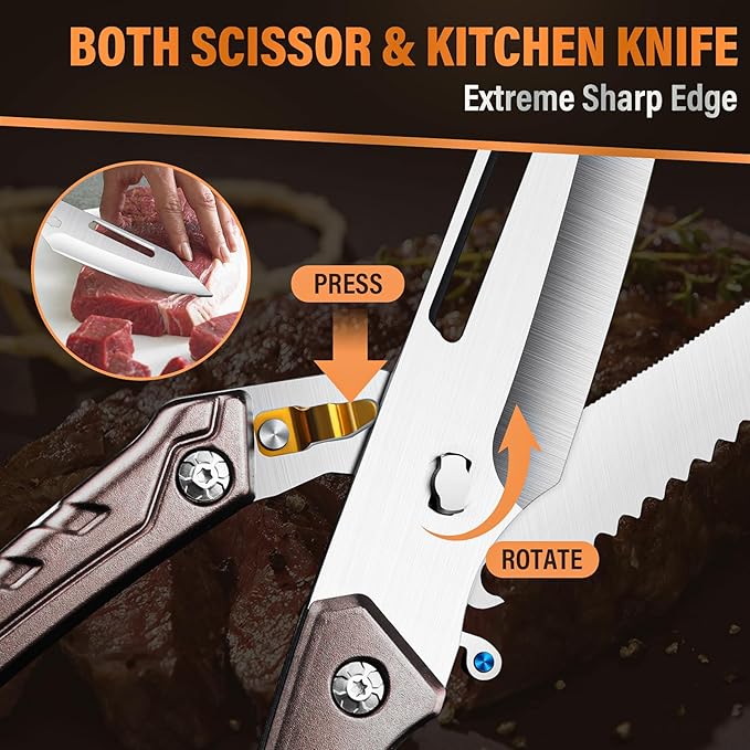 Huusk Heavy Duty Poultry Scissors - Kitchen Scissor for Food with Serrated Edge, Detachable Sharp Shears for Cutting Meat, Chicken Bone and Turkey, Scissors All Purpose for Thanksgiving (Brown)