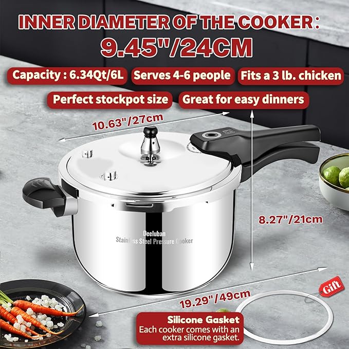 Stainless Steel Pressure Cooker 6.34 Quart, Heavy-Duty, Food-Grade, All Stovetop & Induction Compatible with Multi-Safety Lock System for Gas Electric Ceramic, Commercial Home Kitchen Use, Deeluban