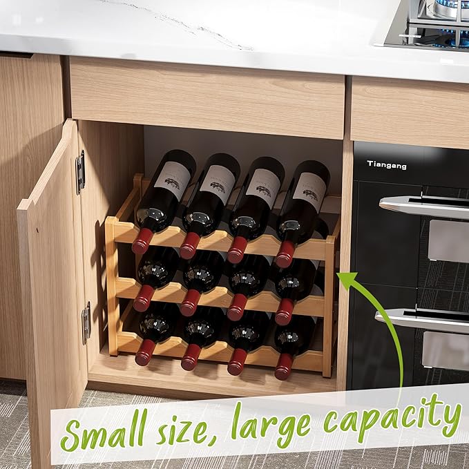 BMOSU Bamboo Wine Rack Wine Storage Cabinet Shelf 12 Bottle Wine Racks Countertop Sturdy for Kitchen Dining Room Pantry - 3 Tiers Wine Rack(Natural)