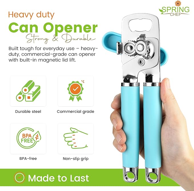 Spring Chef Stainless Steel Can Opener - Manual with Soft Grip Handles, Easy Turn, Heavy Duty Hand Can Openers for Seniors with Smooth Edge - Magnetic Lid Remover - Aqua Sky