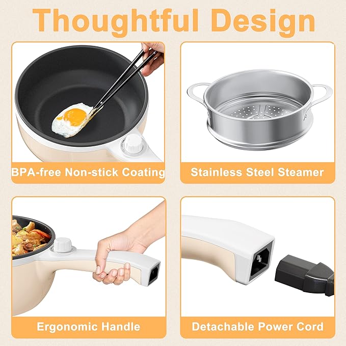 Dezin Hot Pot Electric with Steamer Upgraded, Non-Stick Sauté Pan, Rapid Noodles Electric Pot, 1.5L Mini Pot for Steak, Egg, Fried Rice, Ramen, Oatmeal, Soup with Power Adjustment