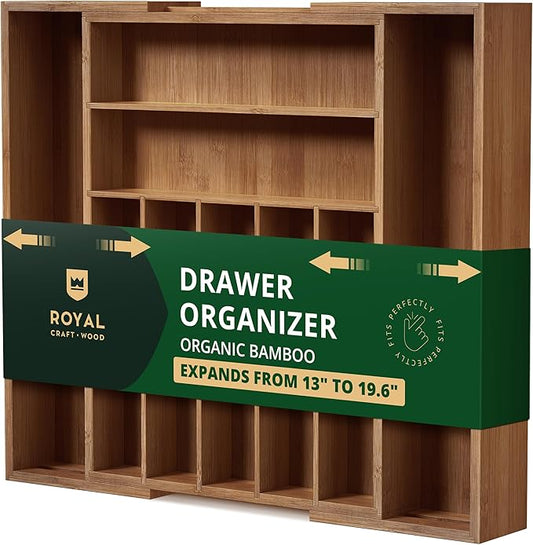 ROYAL CRAFT WOOD Luxury Bamboo Kitchen Drawer Organizer - Silverware Organizer - Utensil Holder and Cutlery Tray with Grooved Drawer Dividers for Flatware and Kitchen Utensils (9 Slot, Brown Bamboo)